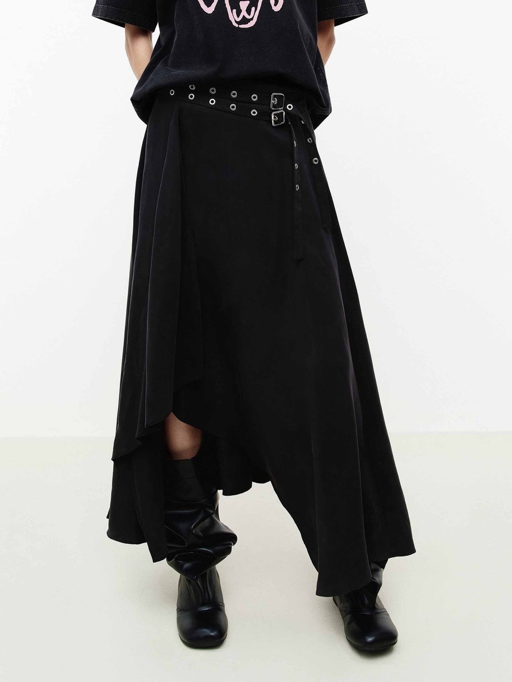 MO&Co. Asymmetrical Midi Flowy Skirt Black Cupro Blend M - Picture 4 of 10
